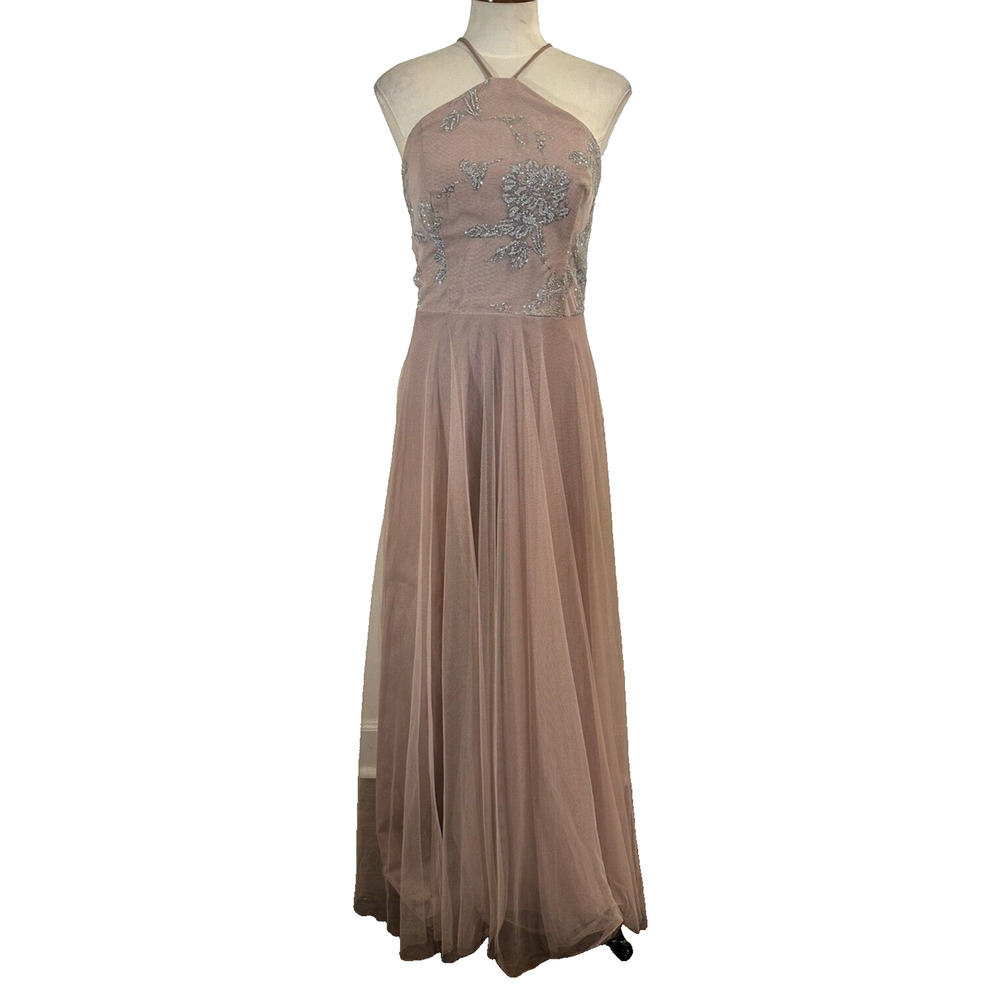Hayley Paige Blush Tulle Glitter Halter Neck Prom Pageant Evening Dress Sz 6 EUC